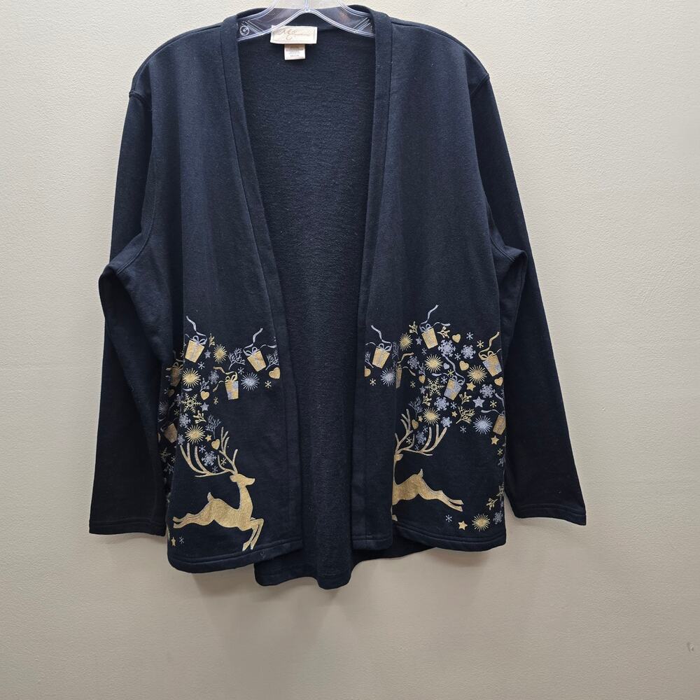 VTG M&C Sportswear Christmas Graphic Open-Front Knit Cardigan Black SZ Medium